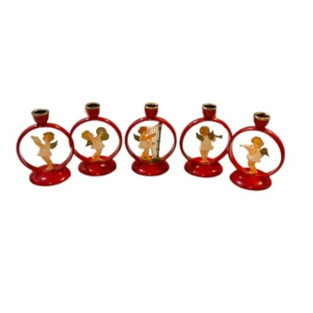 Vintage West German Celluloid Angel Candle Holders Set 5 Red Christmas Choir